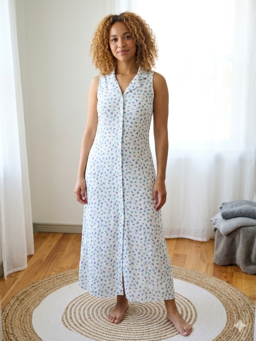 Vintage 90s White Sleeveless Floral Maxi Dress Cottagecore Cozy Retro Girl  L